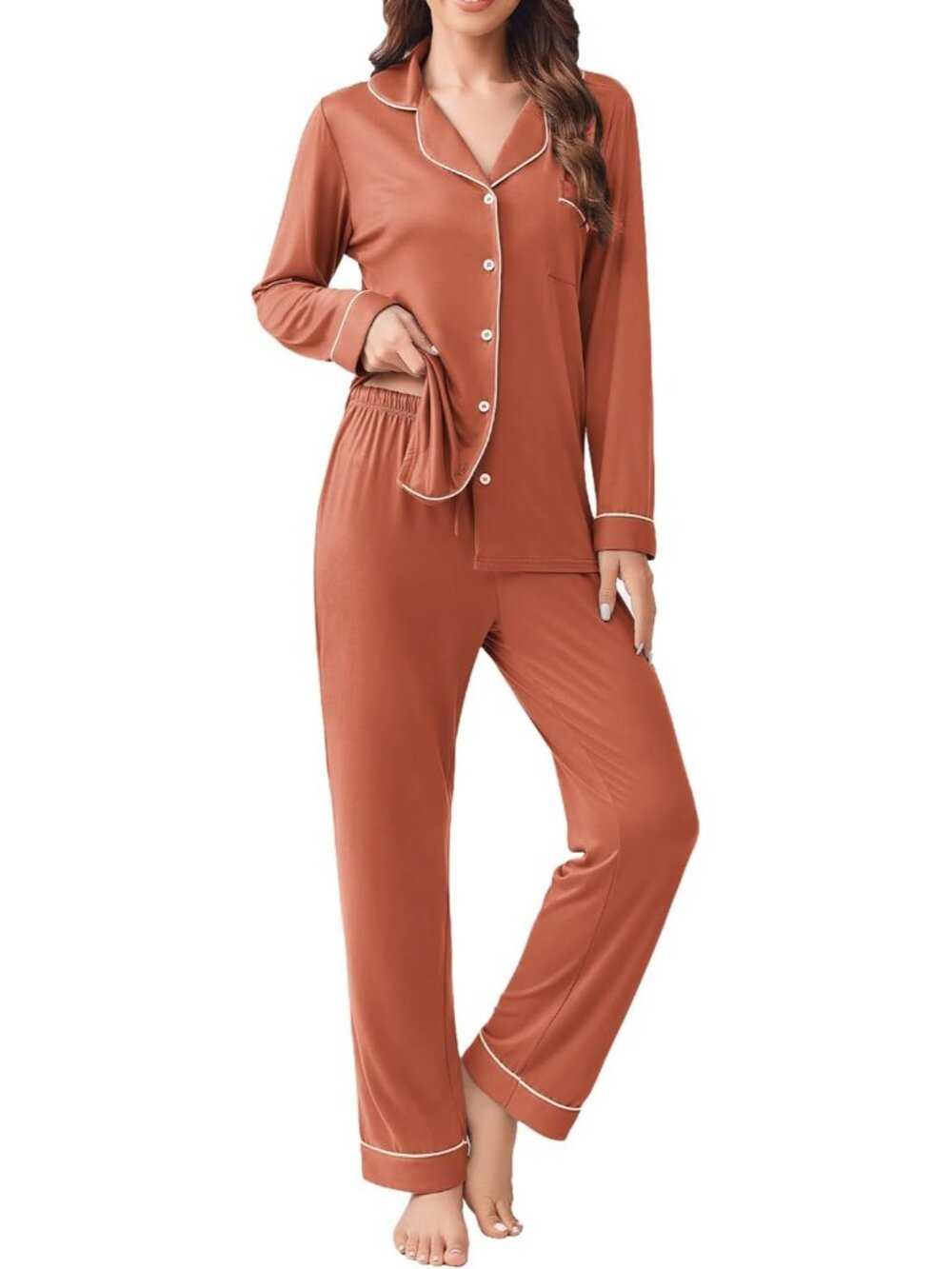 Women's Caremel Notch Collar Button Down Long Sleeve Shirt Sleepwear Pajamas Set